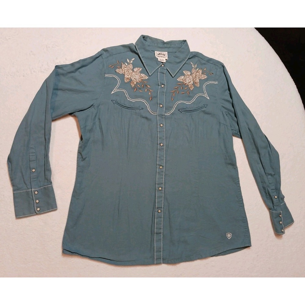 Ariat Ashville Womens XL Western Pearl Snap Shirt Embroidered Roses Floral Blue